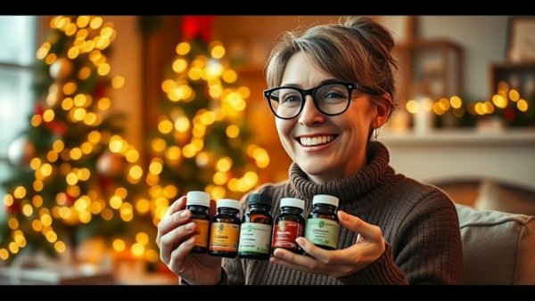 Woman showcasing herbal remedies in a cozy holiday setting, Gig Harbor.