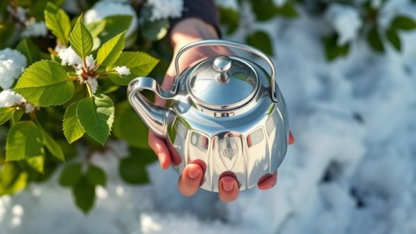 Rustic teapot gathering snow among herbs, capturing herbal remedies Gig Harbor vibes.