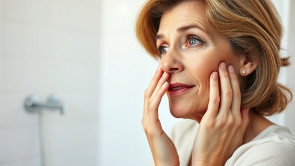 Middle-aged woman considers lip lines causes and remedies in bathroom.