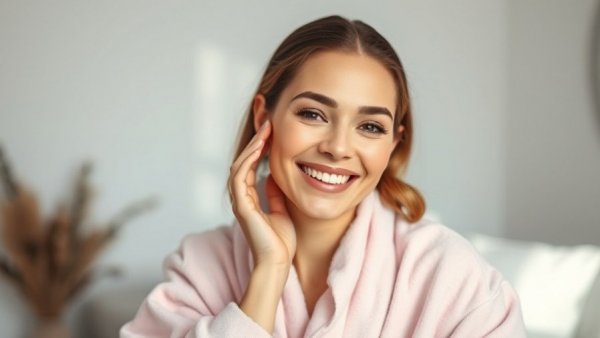 Woman promoting natural skincare plan in soft pink robe.