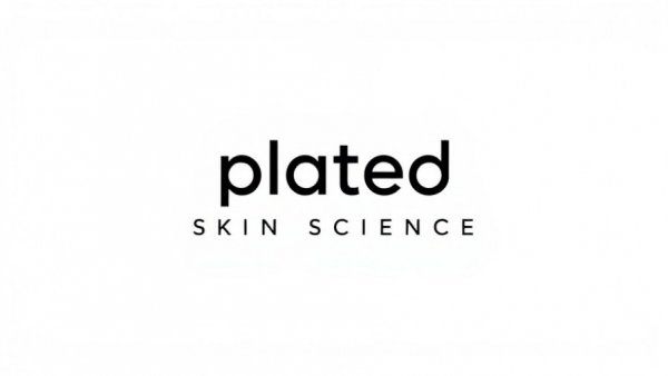 Minimalist modern 'plated SKIN SCIENCE' logo design with clean font
