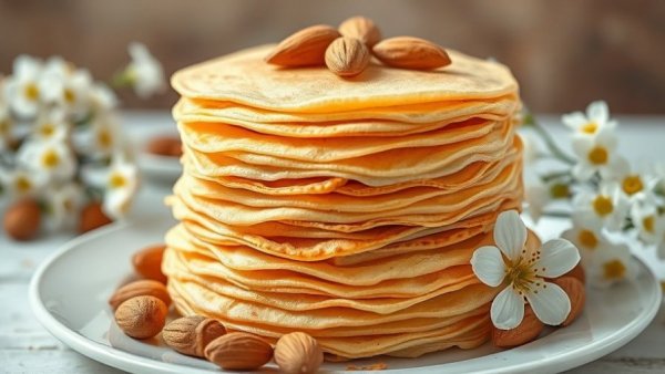 Crepe cake with organic almond flavor extract featured in a natural setting.