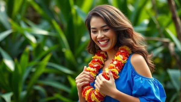 Joyful woman lei making in Hawaiian style, vibrant natural setting.