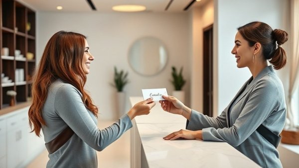 Spa receptionist giving a gift certificate to a customer, modern setting.