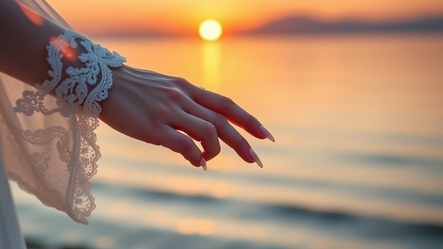 Elegant wedding manicure in scenic sunset, showcasing popular bridal colors.
