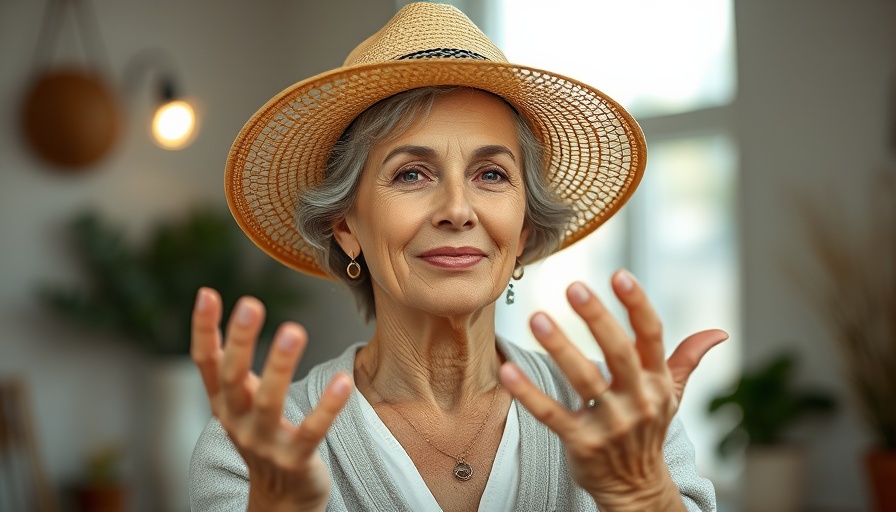Hypnosis Gig Harbor scene: Mature woman in straw hat gesturing indoors.