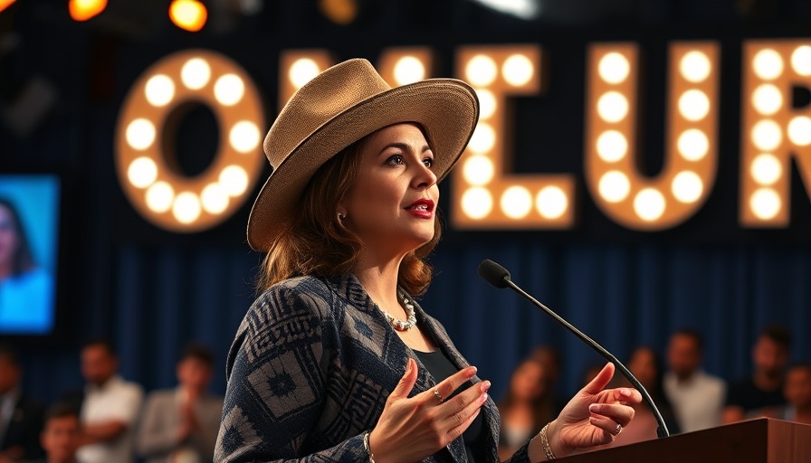 Confident female speaker on stage discussing how to manifest your desires.