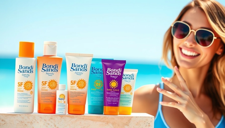 Assorted Bondi Sands Sunny SPF products with confident woman, review.