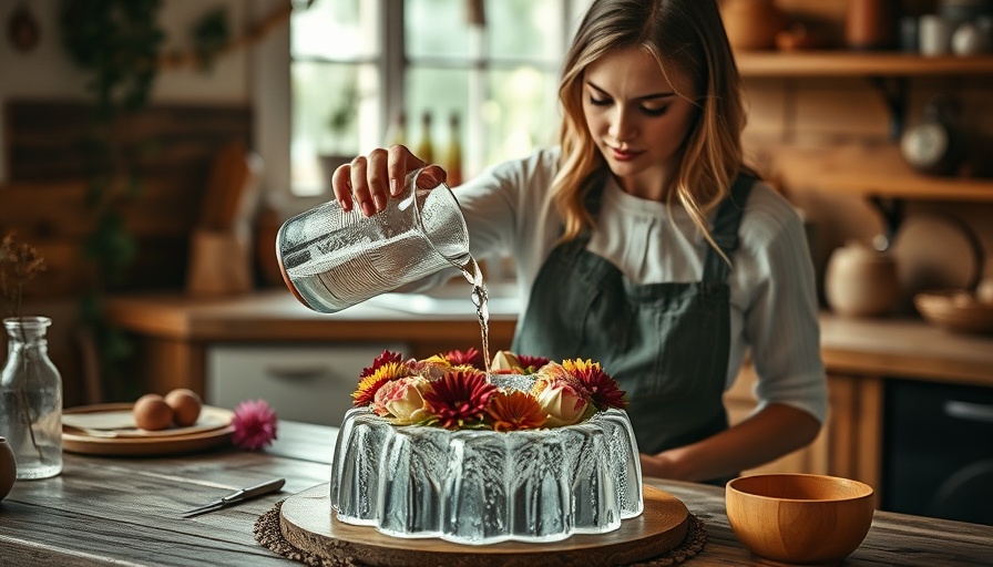 DIY floral ice ring creation in rustic kitchen setting.