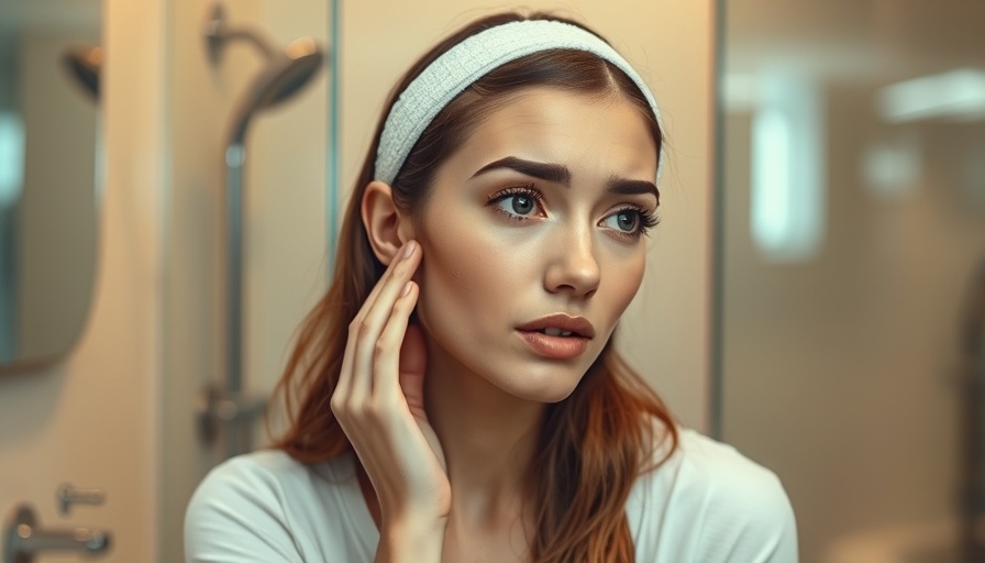 Concerned woman with skincare text overlay in bathroom.