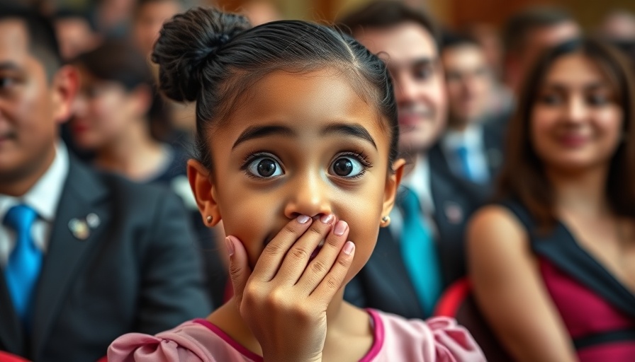Young girl with pink nail polish looking surprised in a crowd.