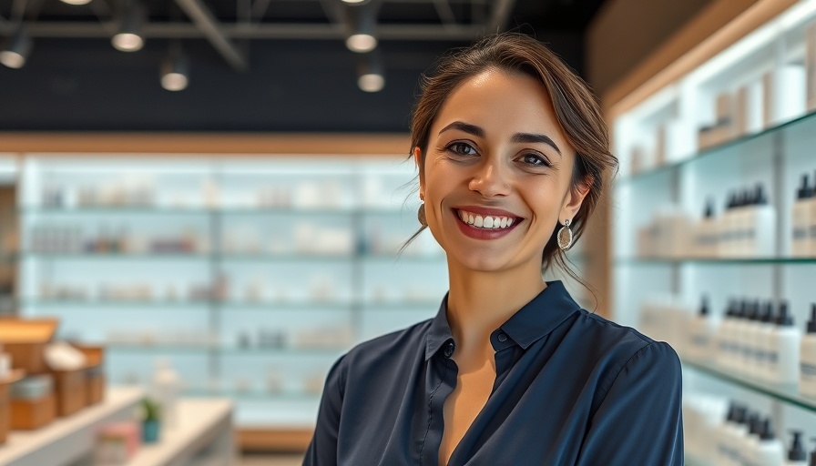 Young woman showcasing new skincare products at a store.