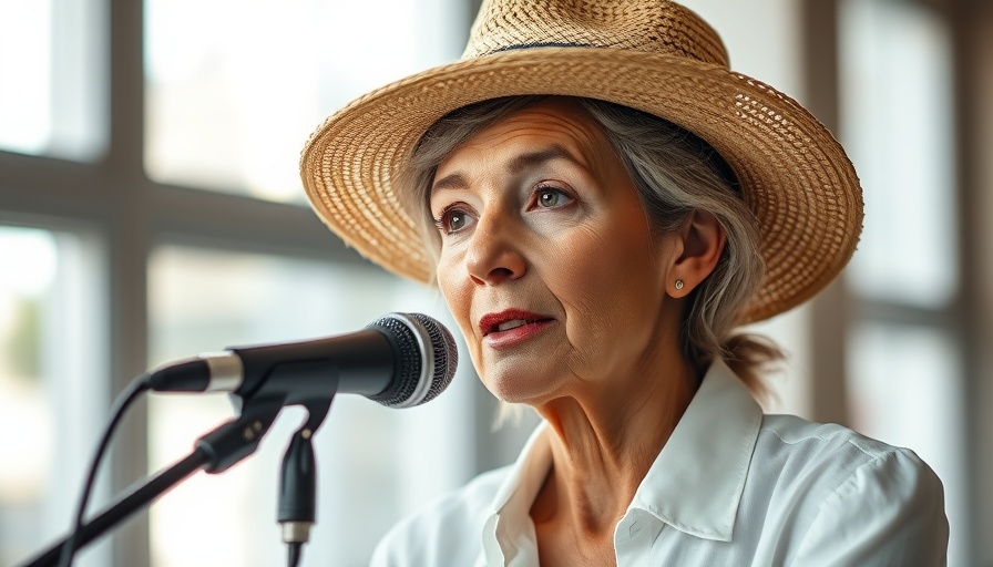 Mature woman discussing healing pain fast, indoors with microphone, natural light