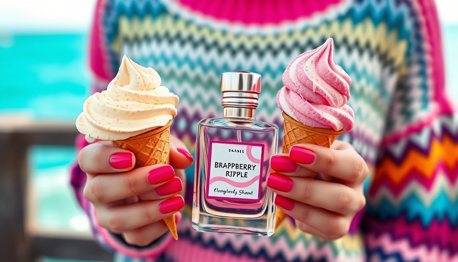 Vibrant hand displays a fragrance and melting ice cream, best new fragrances August 2025.