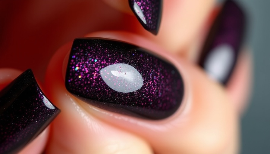 Shimmery grunge nail polish colors on elongated nails.