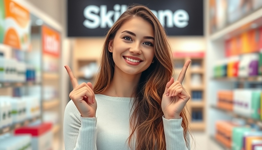 Young woman in a medspa showroom, pointing at skincare finds.