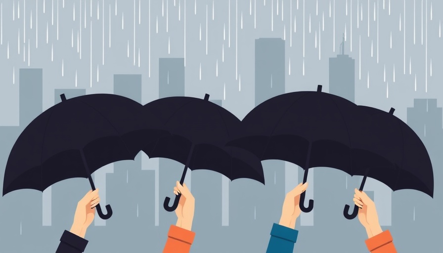 Illustration of umbrellas in rain, abstract city skyline, 12-minute meditation for emotional healing.