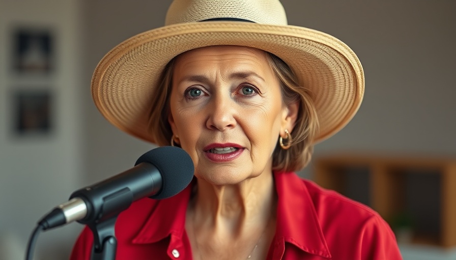 Mature woman discussing overcoming the pressure to orgasm on a podcast.