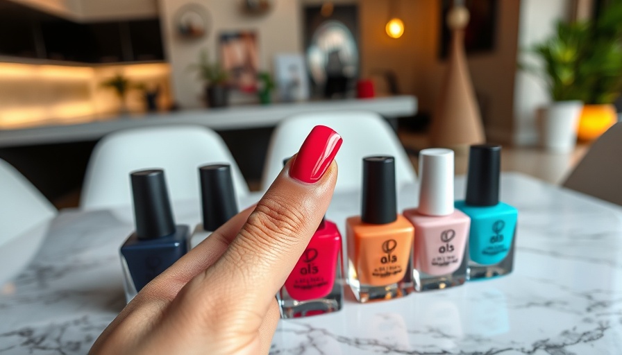Colorful peel-off nail polish display with hand demonstration in modern setting.