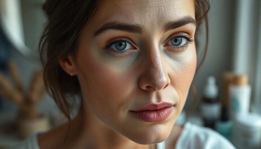 Woman reflecting on Korean skincare product effects indoors.
