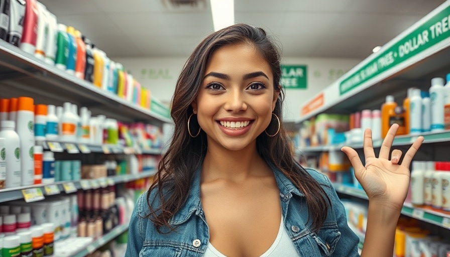 Young woman in Dollar Tree aisle, showcasing skincare enthusiasm.