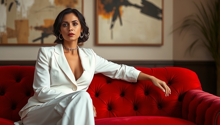 Elegant woman releasing negative beliefs about money on a red couch.