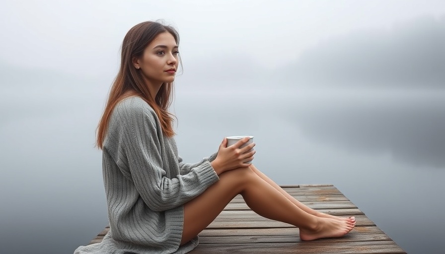 Mindfulness Gig Harbor scene with woman meditating by misty lake.