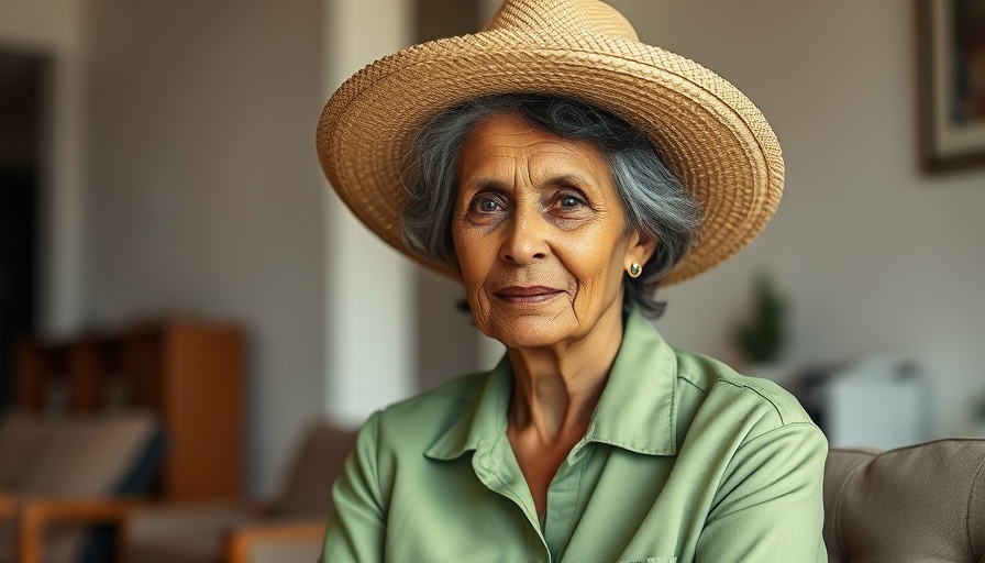 Mature woman indoors, calm expression, healing energy vortex atmosphere.