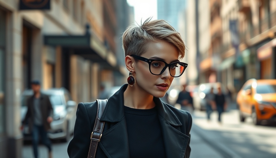 Woman with pixie cut for fine hair, walking confidently in urban setting.