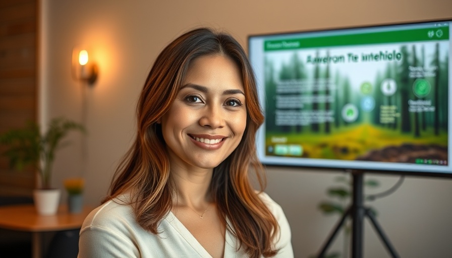 Serene woman in presentation about climate and forests.