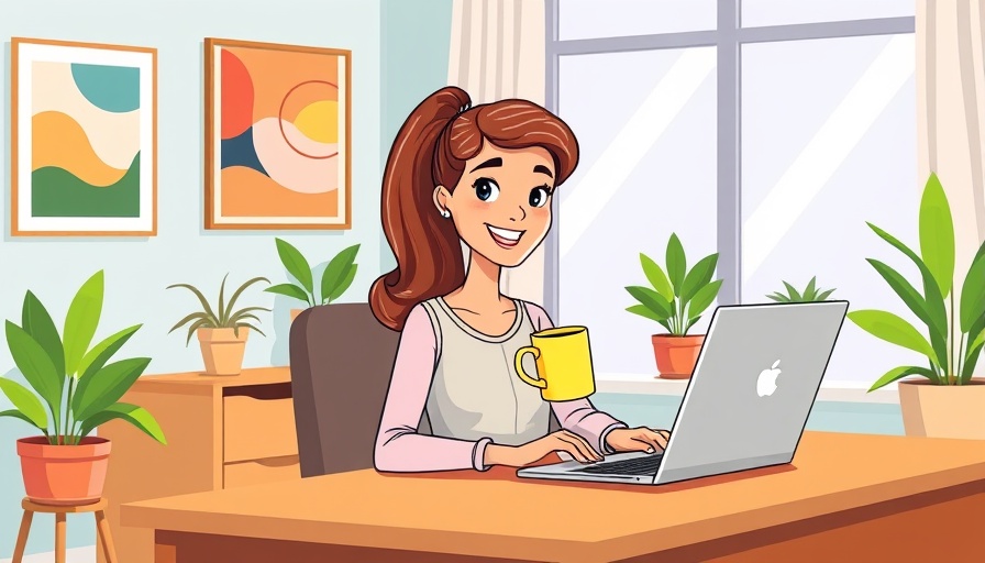 Cartoon woman practicing guided meditation at work, colorful office scene.