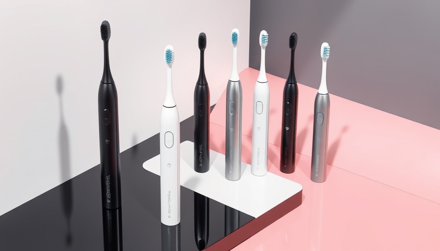 Sleek electric toothbrushes on glossy surfaces, dentists toothbrushes display.