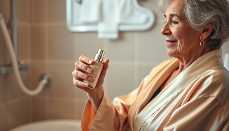 Elegant older woman showcasing anti-aging skin care product.