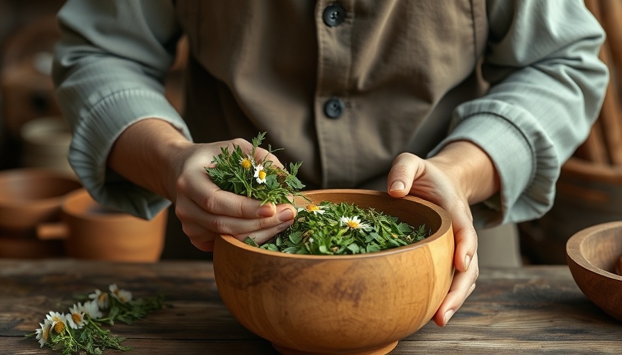 Herbalist blends chamomile herbs in wooden bowl, Gig Harbor.