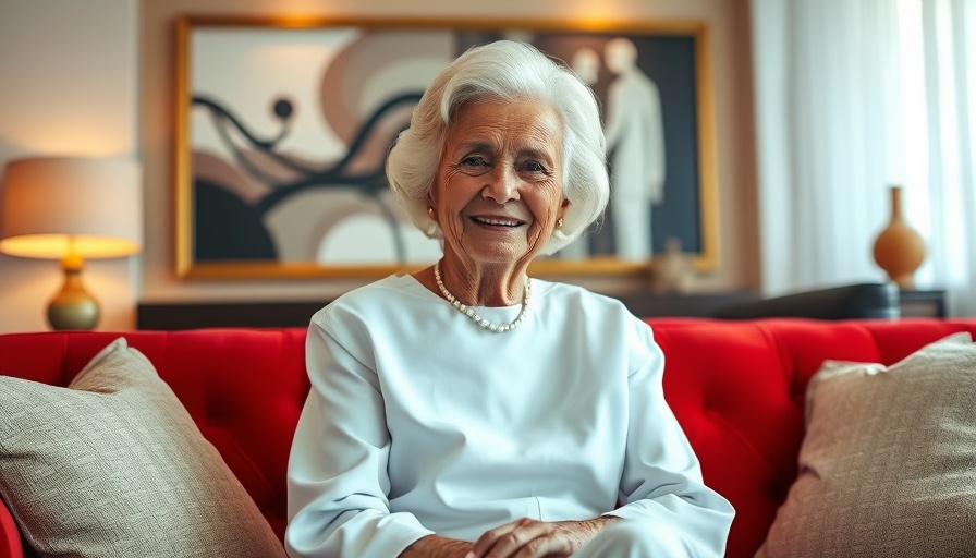 Elderly woman smiling on a red couch, elegant setting, Overcome the Fear of Wealth.