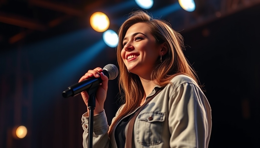 Young woman confidently performing on stage under warm lighting.