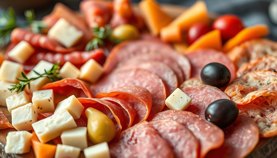 Italian themed brunch platter featuring meats, cheese, and olives.
