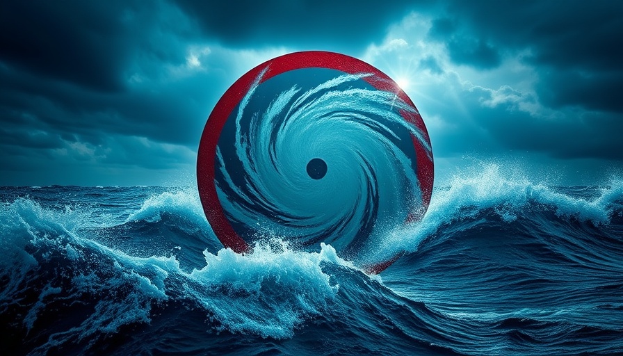 Tropical development alert with hurricane symbol over turbulent sea.