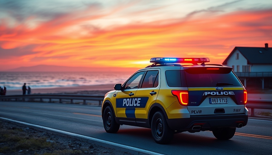 Police SUV at sunset near Gulf Shores, highway scene.