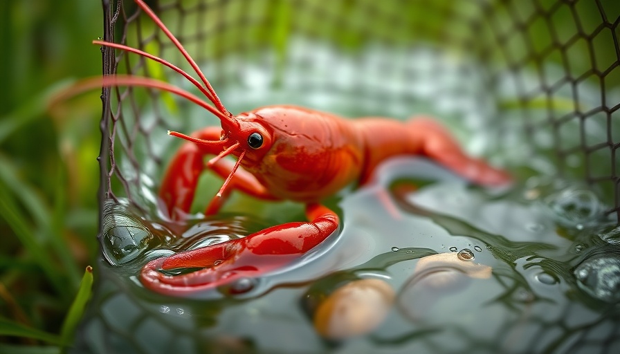 Lively crawfish in net during October in vibrant fall setting.