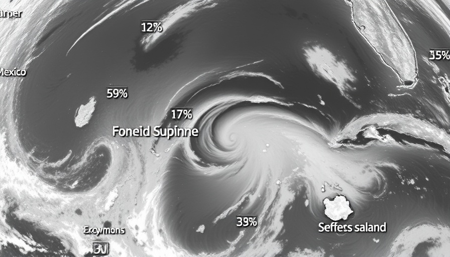 Satellite map showing tropical disturbance in Gulf with cloud patterns.