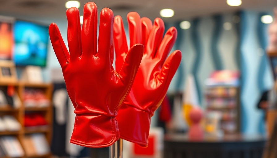 Humorous display of red novelty gloves labeled 'dumbest invention'.