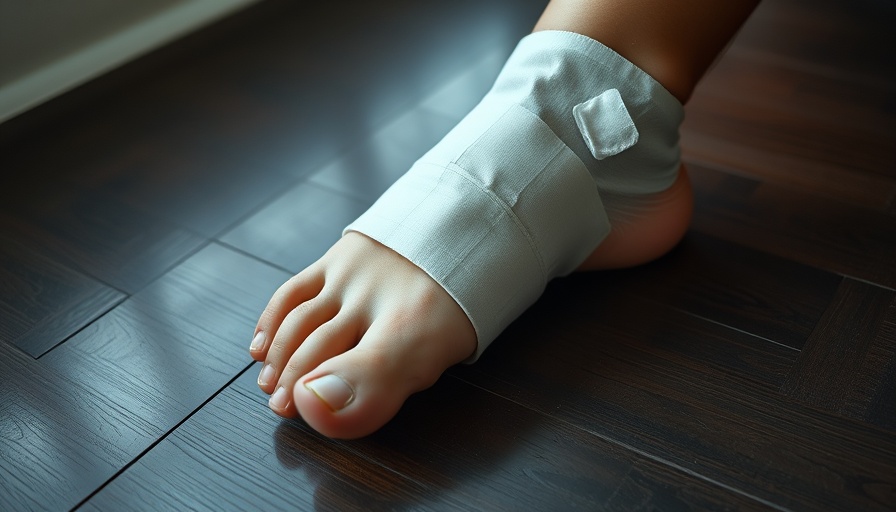 Bandaged foot injury on dark wooden floor.