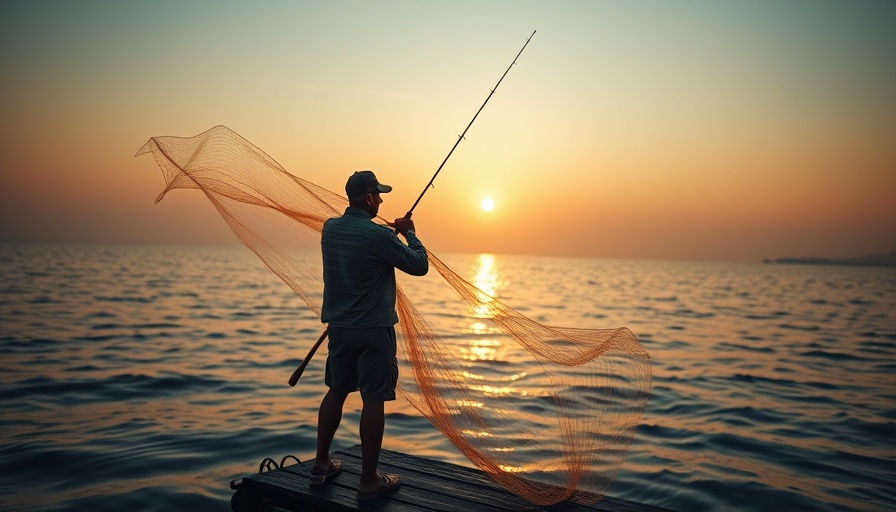 Fisherman casting net at sunrise for jumbo shrimp fishing.
