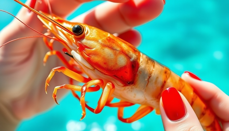 Fresh Gulf shrimp held by hand at the beach.