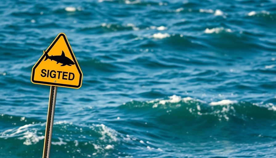 Shark warning sign against ocean waves, largest male great white shark recorded.