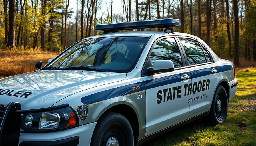 State trooper vehicle parked in wooded area, single-vehicle crash context.