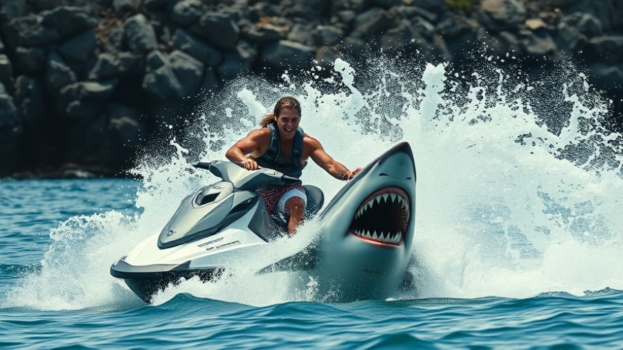 Thrilling boating shark encounter in ocean waters with jet ski.