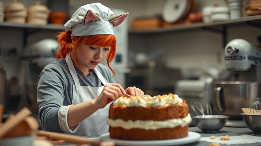 Bake Master Battle: Red-haired baker crafting a detailed cake design.