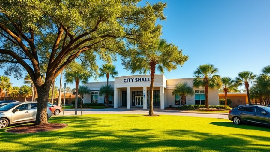 Gulf Shores City Hall with cars parked, sunny day, greenery.